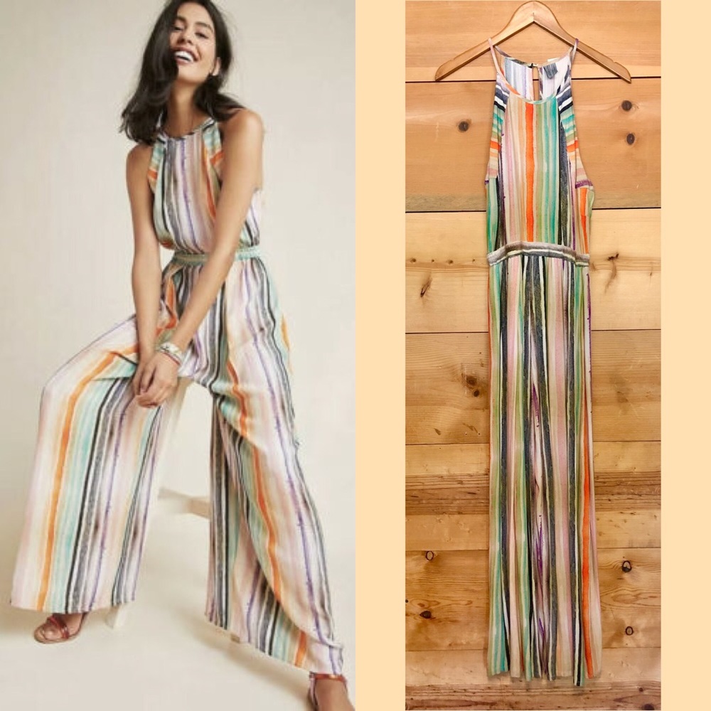 Anthropologie Blank gallery row wide leg stripe halter fun jumpsuit boho